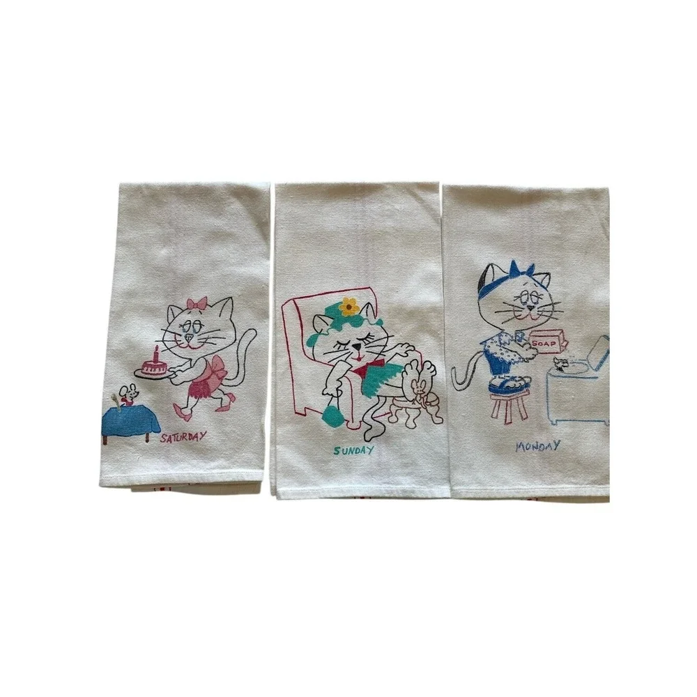 Vintage Kitty‎ Days of the Week Printed Tea Towels Set of 3 White Cotton 16x25